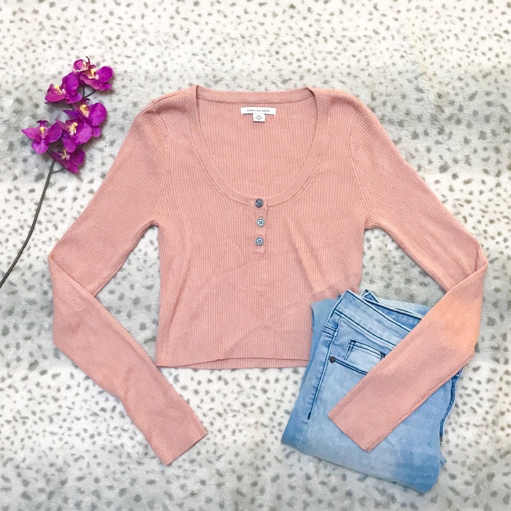 Pink Cropped Henley Sweater